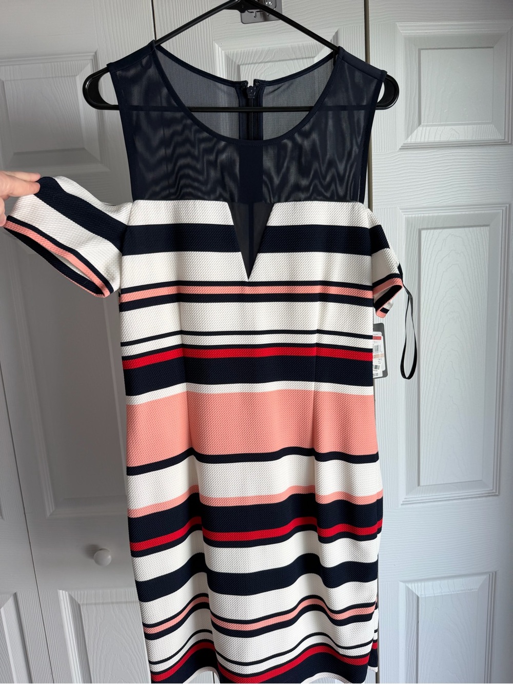 Guess Navy, White, Pink & Red Striped Cold-Shoulder Mini Dress